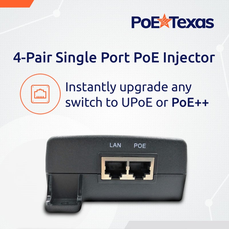 Poe Texas 60 watt PoE Injector - 802.3bt PoE++ Single Port 4-Pair Power Over Ethernet Injector - Active PoE Adapter with 55V 60W Output - 10/100/1000 Gigabit Data - Mode A/B Wall Mount Plug & Play - Image 2